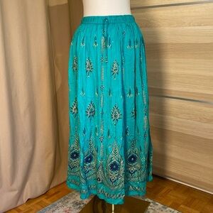 Royal Paisley Boho Midi Skirt Small Teal Cotton Embroidered India